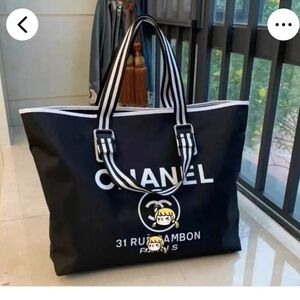 CHANEL Black Nylon Tote with White Accents